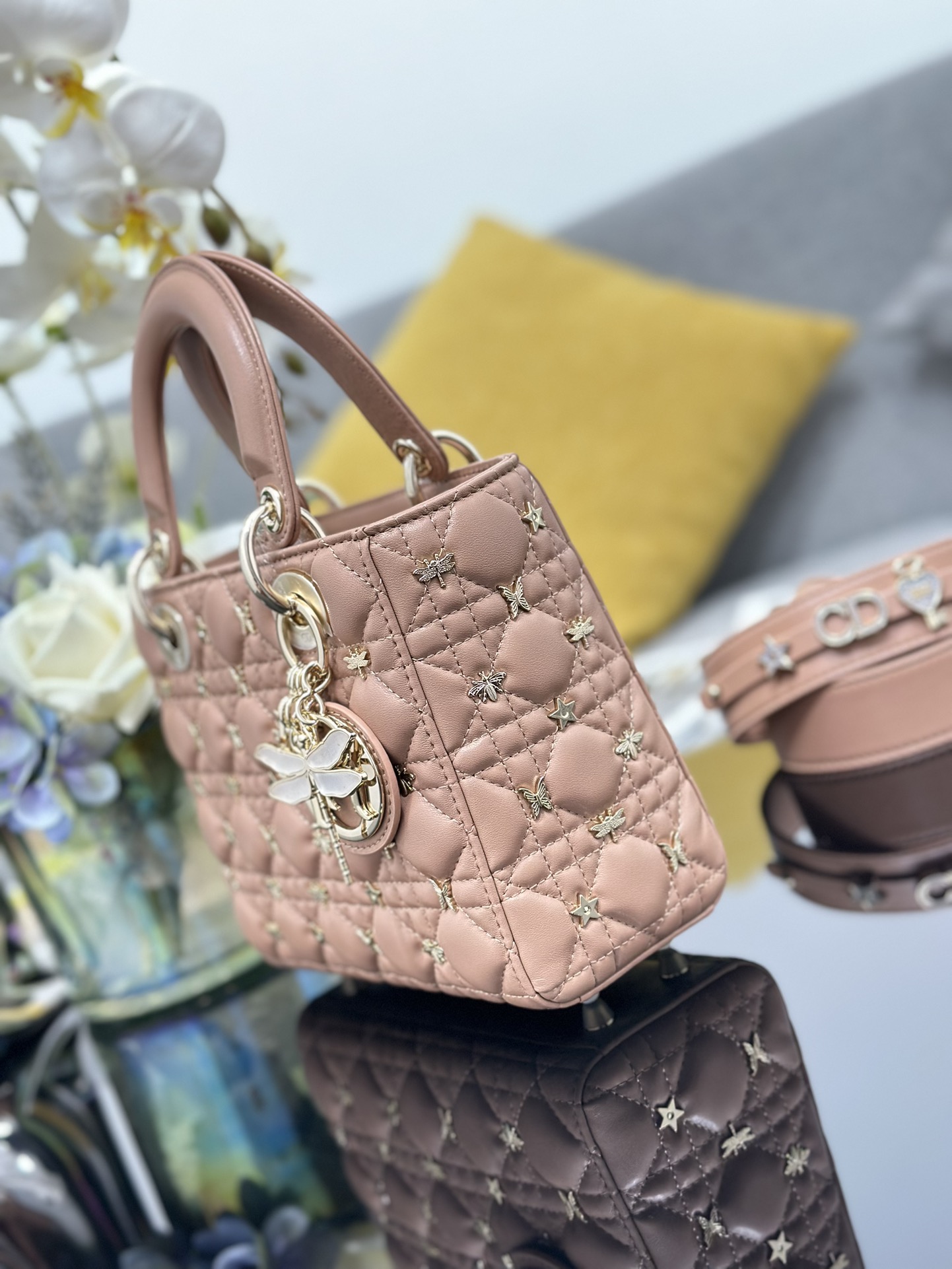 Small Lady Dior Bag Pink Lambskin with Dragonfly Nail